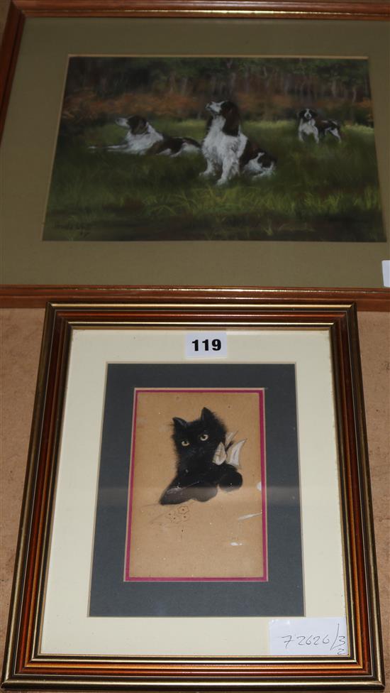 White pastel of dogs and Mercy Creed watercolour of a black cat